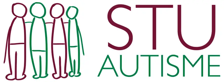 Et logo for STU AUTISME. En stregtegning af en gruppe mennesker i rød og grøn, der holder hinanden om skuldrene. Til højre står teksten "STU AUTISME"